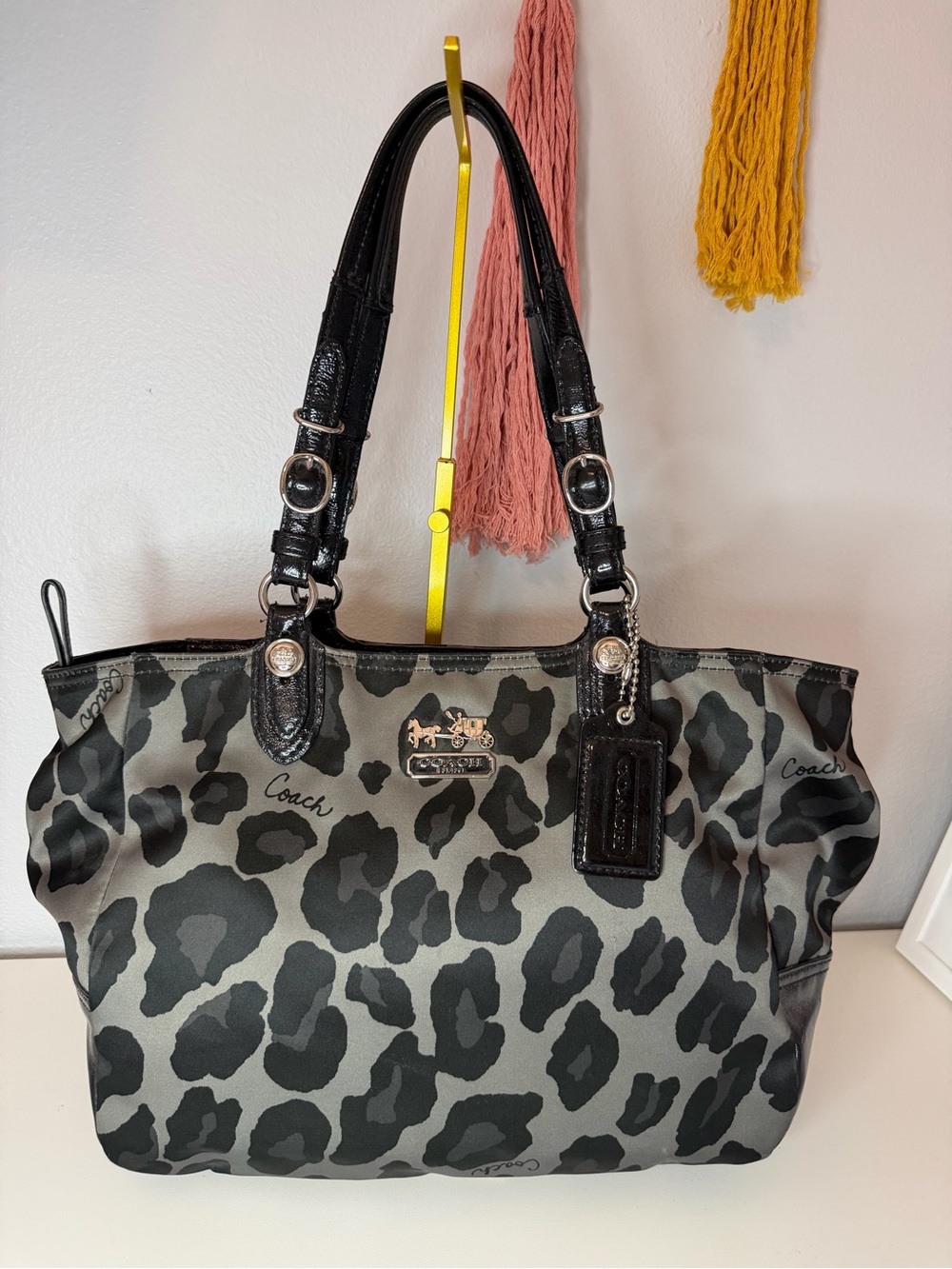 Coach Gray and Black Leopard-Print Shoulder Tote